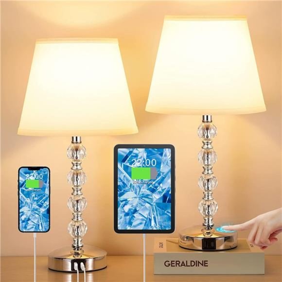 Bedside Lamps for bedrooms Set of 2 - Crystal Nightstand Bedroom Lamps with USB - Picture 6 of 6